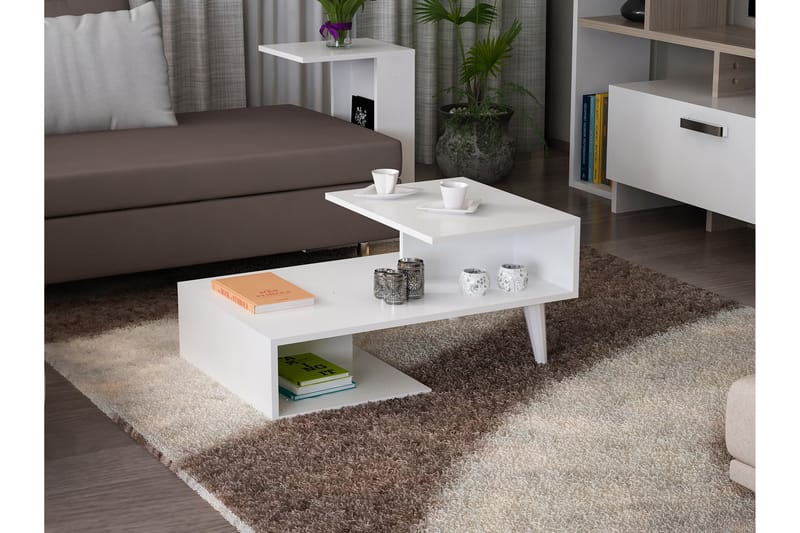 Sofabord Tessie 90 cm med Oppbevaringshyller - Hvit - Sofabord & salongbord