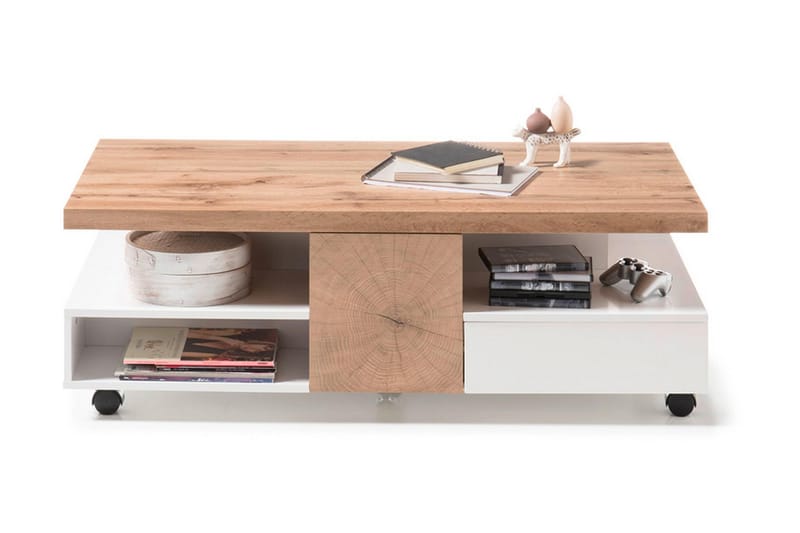 Sofabord Trimer 120 cm med Oppbevaringshyller på Hjul - Hvit/Natur - Sofabord & salongbord