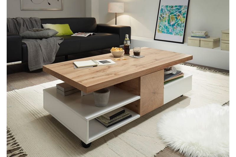 Sofabord Trimer 120 cm med Oppbevaringshyller på Hjul - Hvit/Natur - Sofabord & salongbord