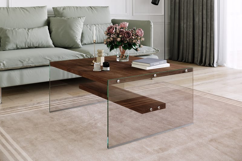 Sofabord Vallsbo 75 cm med Oppbevaringshylle - Glass/Brun - Sofabord & salongbord