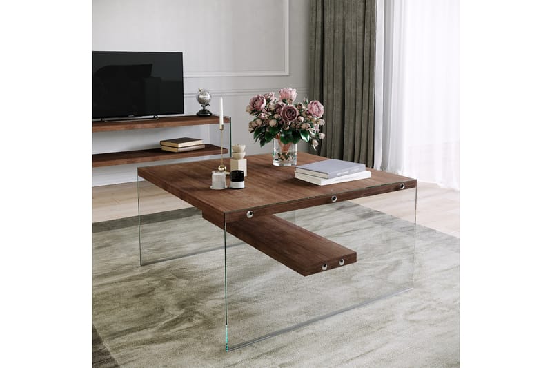 Sofabord Vallsbo 75 cm med Oppbevaringshylle - Glass/Brun - Sofabord & salongbord