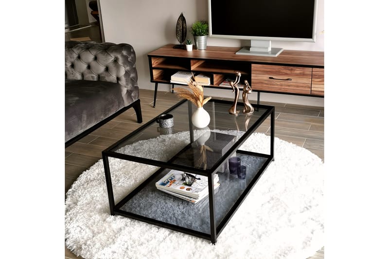 Sofabord Vallsbo 90 cm med Oppbevaring Hylle - Glass/Røykfarget/Svart - Møbler - Bord - Sofabord & salongbord