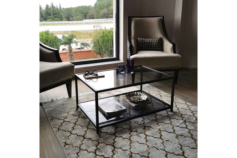 Sofabord Vallsbo 90 cm med Oppbevaring Hylle - Glass/Røykfarget/Svart - Møbler - Bord - Sofabord & salongbord