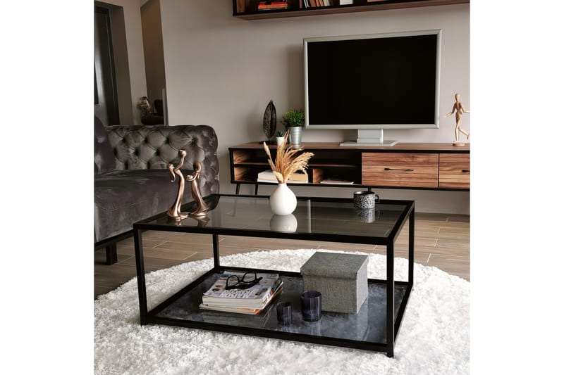Sofabord Vallsbo 90 cm med Oppbevaring Hylle - Glass/Røykfarget/Svart - Møbler - Bord - Sofabord & salongbord