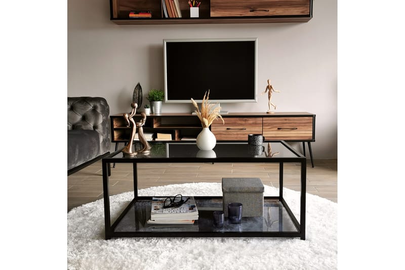 Sofabord Vallsbo 90 cm med Oppbevaring Hylle - Glass/Røykfarget/Svart - Møbler - Bord - Sofabord & salongbord