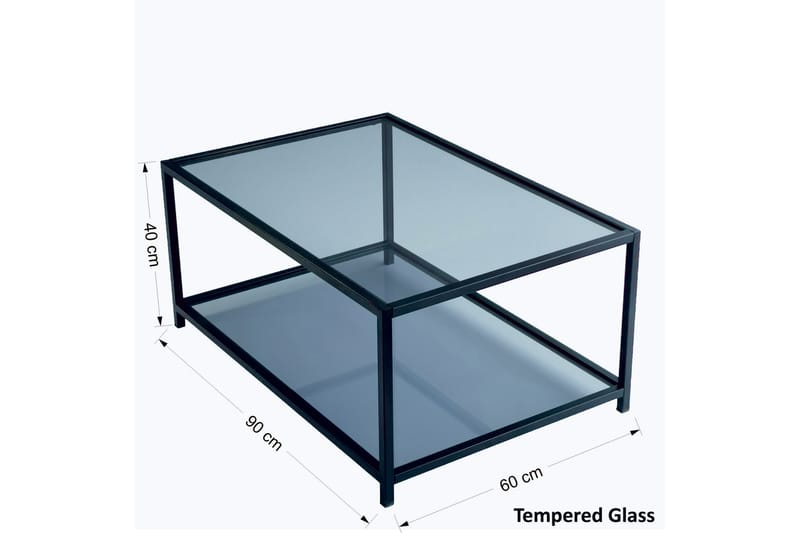 Sofabord Vallsbo 90 cm med Oppbevaring Hylle - Glass/Røykfarget/Svart - Sofabord & salongbord