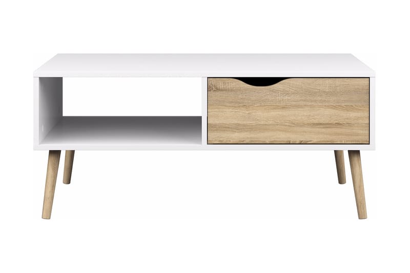 Sofabord Vasiliki 99 cm med Oppbevaringsskuff + Hylle - Hvit/Eikefarge - Sofabord & salongbord