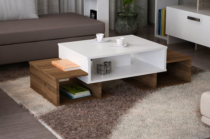 Sofabord Vavane 103 cm med Oppbevaringshyller - Hvit/Valnøttsbrun - Sofabord & salongbord