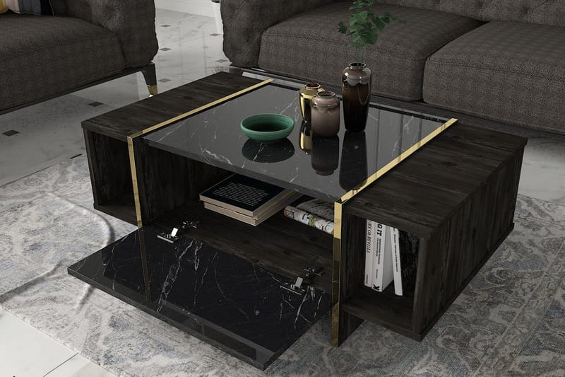 Sofabord Widegates 104 cm med Oppbevaringshyller + Lucka - Svart/Gull - Møbler - Bord - Sofabord & salongbord