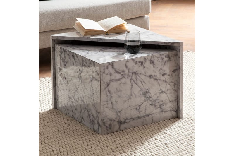 Sofabord Wohnling Sett av 2 MONOBLOC høyglans trekantet, moderne stil Marmor, Hvit - Marmor, Hvit - Møbler - Bord - Sofabord & salongbord - Kistebord