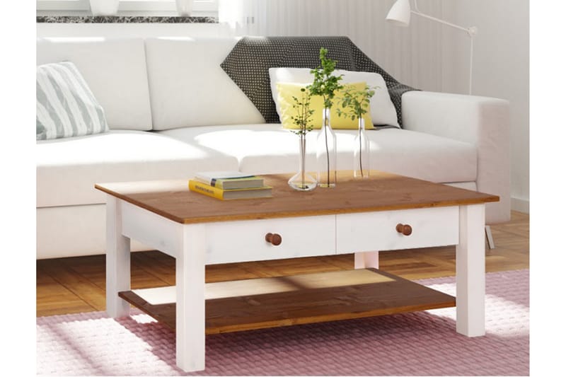 Sofabord Yamina 100 cm med Oppbevaring 2 Skuffer + Hylle - Hvit/Brun - Sofabord & salongbord