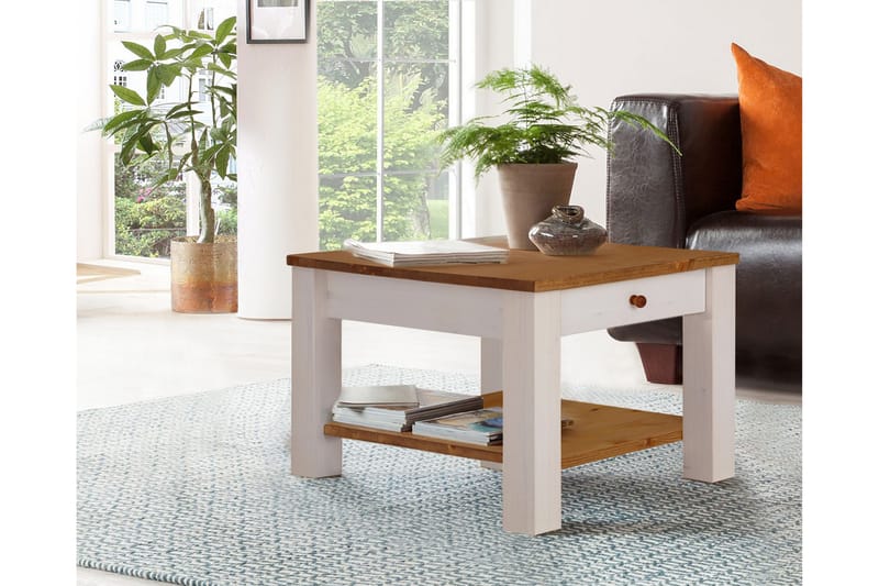 Sofabord Yamina 60 cm med Oppbevaringsskuff + Hylle - Hvit/Brun - Møbler - Bord - Sofabord & salongbord
