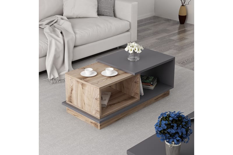 Sofabord Zebrene 90 cm med Oppbevaring Hyller - Antrasitt/Natur - Sofabord & salongbord