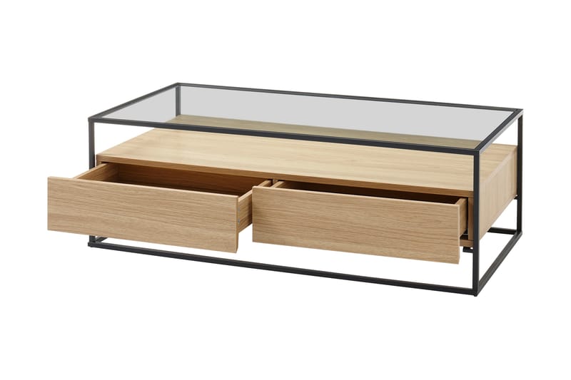 Sofabord Pitlik 120 cm med Oppbevaring 2 Skuffer + Hylle - Glass/EikdEikor/Svart - Sofabord & salongbord