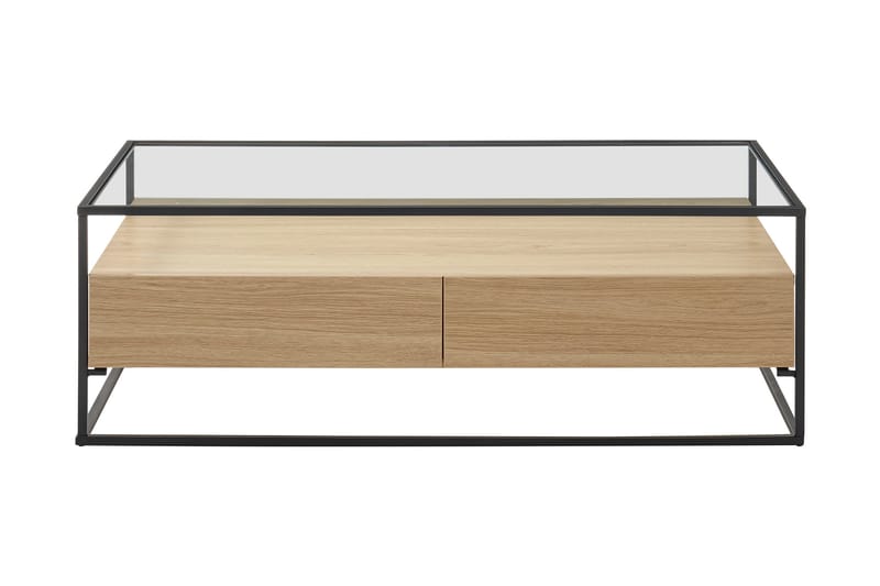 Sofabord Pitlik 120 cm med Oppbevaring 2 Skuffer + Hylle - Glass/EikdEikor/Svart - Sofabord & salongbord