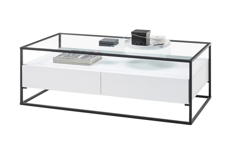 Sofabord Pitlik 120 cm med Oppbevaring 2 Skuffer + Hylle - Glass/Hvit - Sofabord & salongbord