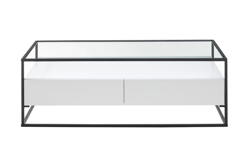 Sofabord Pitlik 120 cm med Oppbevaring 2 Skuffer + Hylle - Glass/Hvit - Sofabord & salongbord