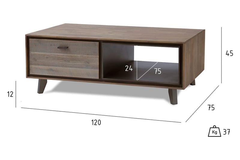 Sofabord Periana 120 cm med Oppbevaringshylle + Skuffer - Akacia/Beige/Grå - Sofabord & salongbord