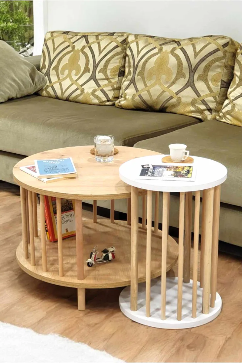 Sofabordsett Hanah Home Peka Set Pro (Ø60 x H43 cm) Sapphire eik hvit - Sapphire Oak og hvit - Møbler - Bord - Sofabord & salongbord