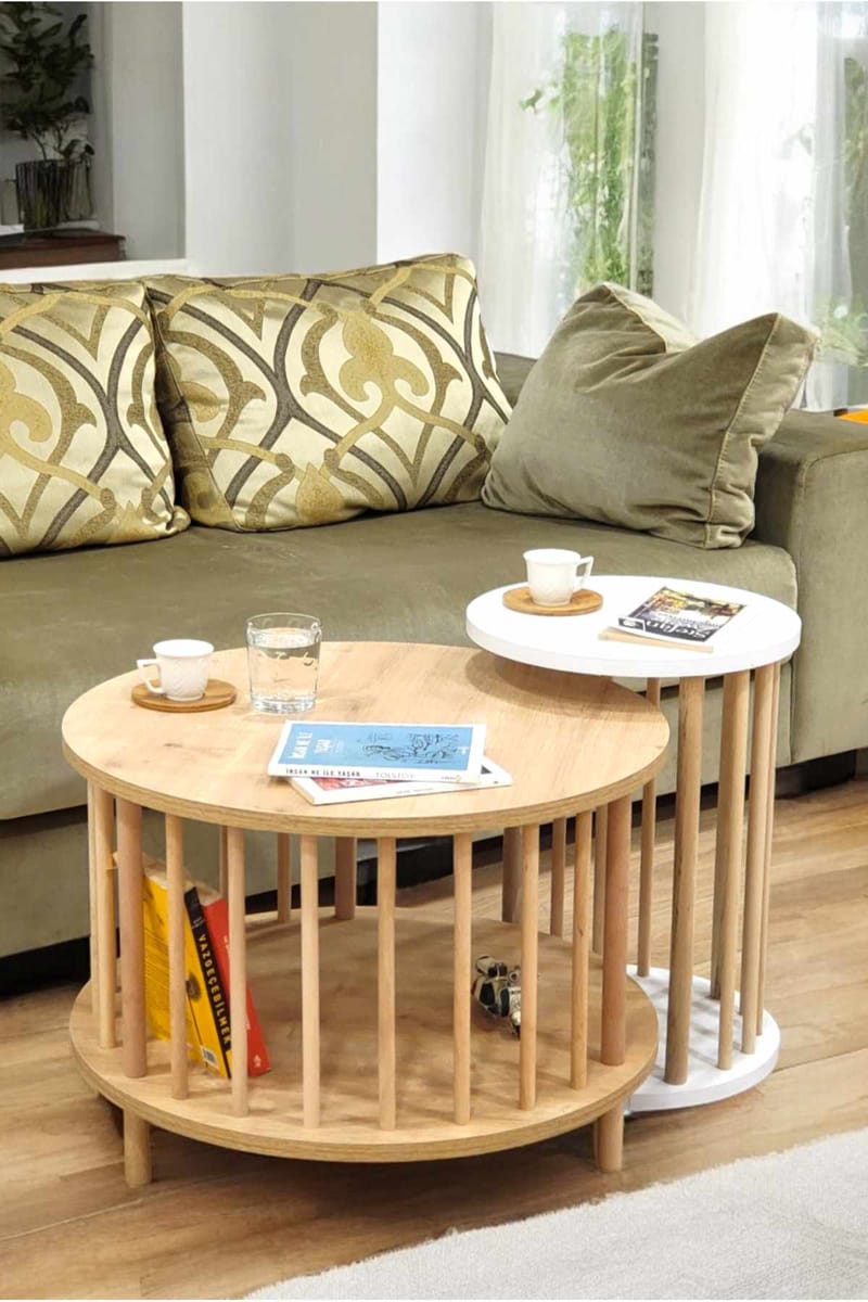 Sofabordsett Hanah Home Peka Set Pro (Ø60 x H43 cm) Sapphire eik hvit - Sapphire Oak og hvit - Møbler - Bord - Sofabord & salongbord