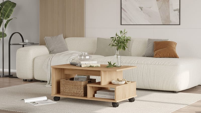 Solven 90x42,5x51 cm Rektangulært Sofabord med Hyller og Hjul i Eik - Brun - Møbler - Bord - Sofabord & salongbord - Sofabord med hjul