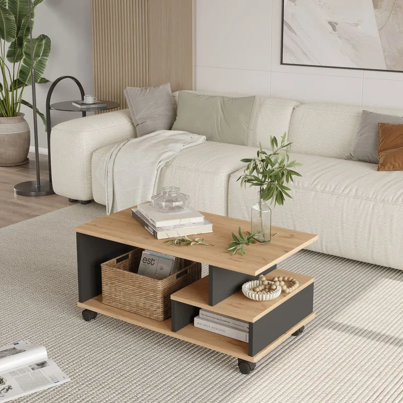 Solven Sofabord 90x42,5x51 cm - Eik/Antrasitt - Møbler - Bord - Sofabord & salongbord - Sofabord med hjul