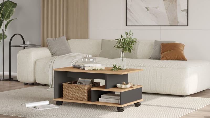 Solven Sofabord 90x42,5x51 cm - Eik/Antrasitt - Møbler - Bord - Sofabord & salongbord - Sofabord med hjul