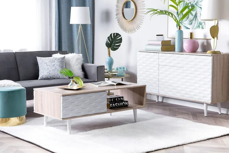 Swanea Sofabord 120 cm med Oppbevaring Skåp + Hylle - Lysebrun/Hvit - Møbler - Bord - Sofabord & salongbord