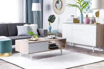 Swanea Sofabord 120 cm med Oppbevaring Skåp + Hylle - Lysebrun/Hvit - Møbler - Bord - Sofabord & salongbord - Sofabord med oppbevaring