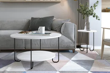 Ullavi Sofabord 80 cm Rundt med Oppbevaring Hylle - Hvit/Svart - Møbler - Bord - Sofabord & salongbord - Sofabord med oppbevaring