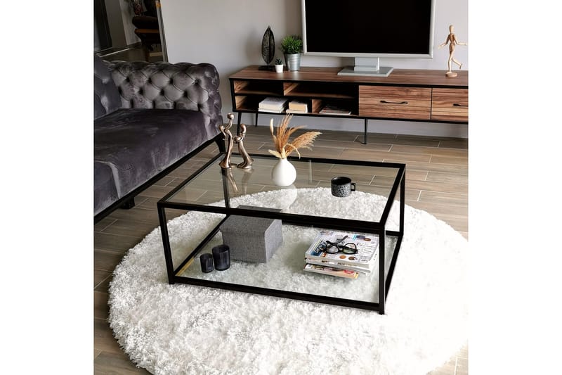 Sofabord Vallsbo 90 cm med Oppbevaring Hylle - Glass/Svart - Sofabord & salongbord