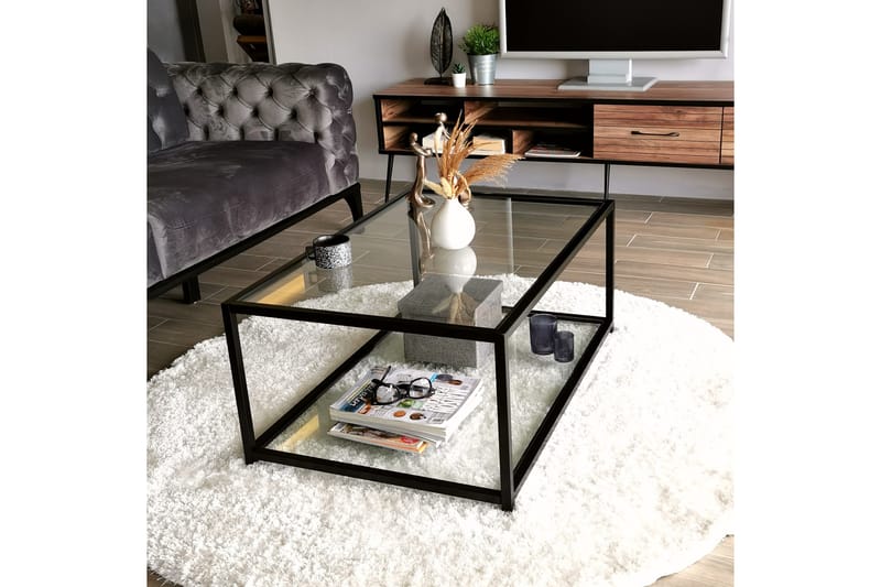 Sofabord Vallsbo 90 cm med Oppbevaring Hylle - Glass/Svart - Sofabord & salongbord