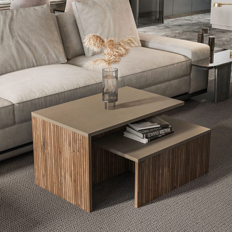 Vumira Sett med bord 2 deler 72 cm - taupe og eik - Møbler - Bord - Sofabord & salongbord - Kistebord