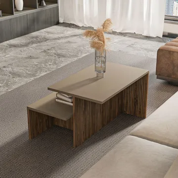 Vumira Sett med bord 2 deler 72 cm - taupe og eik - Møbler - Bord - Sofabord & salongbord - Kistebord