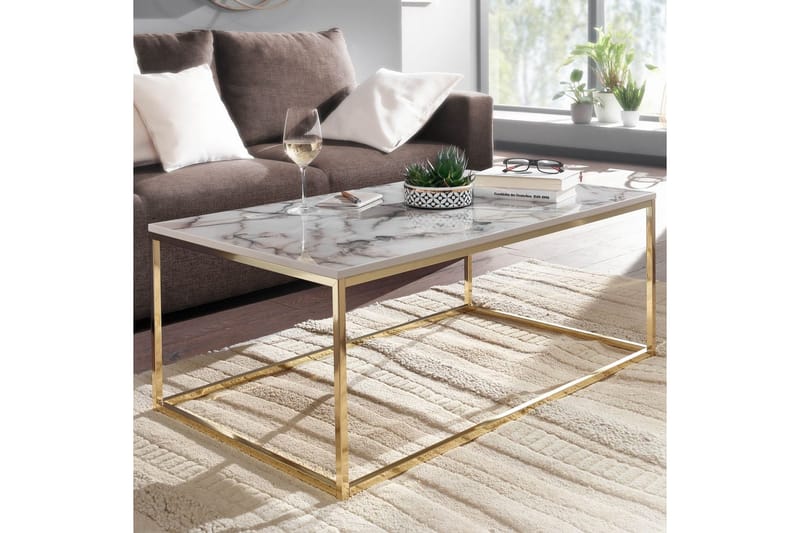 Sofabord Wohnling marmorstil, rektangulær elegant, moderne stil Gull, Marmorhvit - Gull, Marmorhvit - Møbler - Bord - Sofabord & salongbord