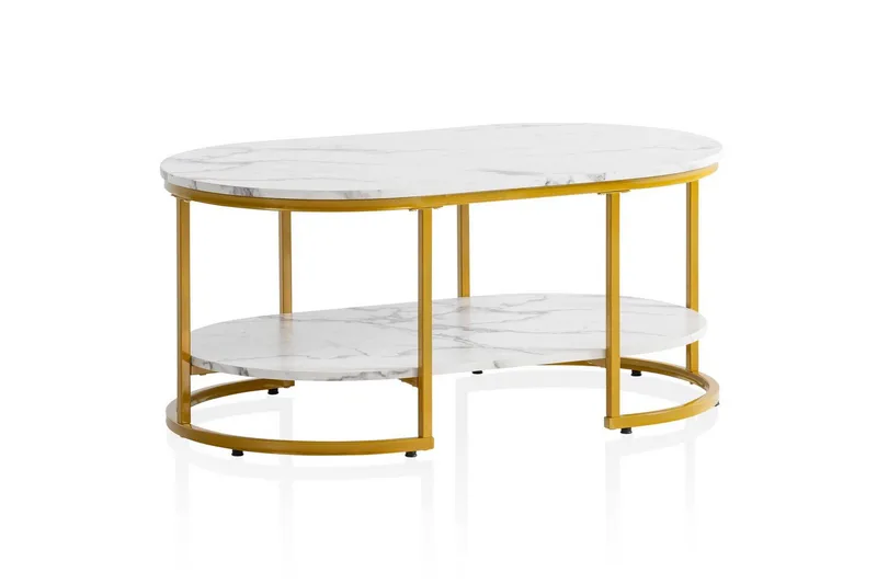 Sofabord Wohnling marmorutseende oval 100 cm med oppbevaringshylle, Bauhaus-stil Marmor Hvit, Marmor Hvit