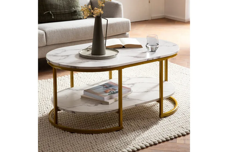 Sofabord Wohnling marmorutseende oval 100 cm med oppbevaringshylle, Bauhaus-stil Marmor Hvit - Marmor Hvit - Møbler - Bord - Sofabord & salongbord