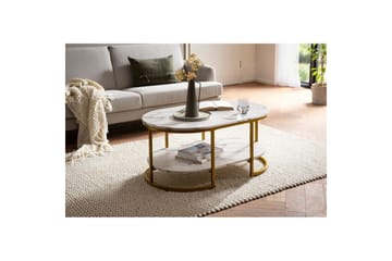 Sofabord Wohnling marmorutseende oval 100 cm med oppbevaringshylle, Bauhaus-stil Marmor Hvit - Marmor Hvit - Møbler - Bord - Sofabord & salongbord