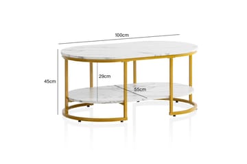 Sofabord Wohnling marmorutseende oval 100 cm med oppbevaringshylle, Bauhaus-stil Marmor Hvit - Marmor Hvit - Møbler - Bord - Sofabord & salongbord