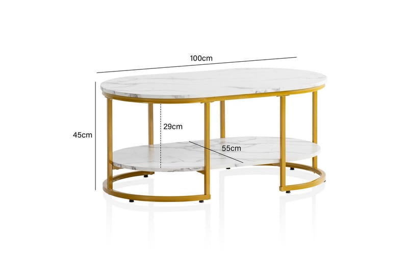 Sofabord Wohnling marmorutseende oval 100 cm med oppbevaringshylle, Bauhaus-stil Marmor Hvit - Marmor Hvit - Møbler - Bord - Sofabord & salongbord