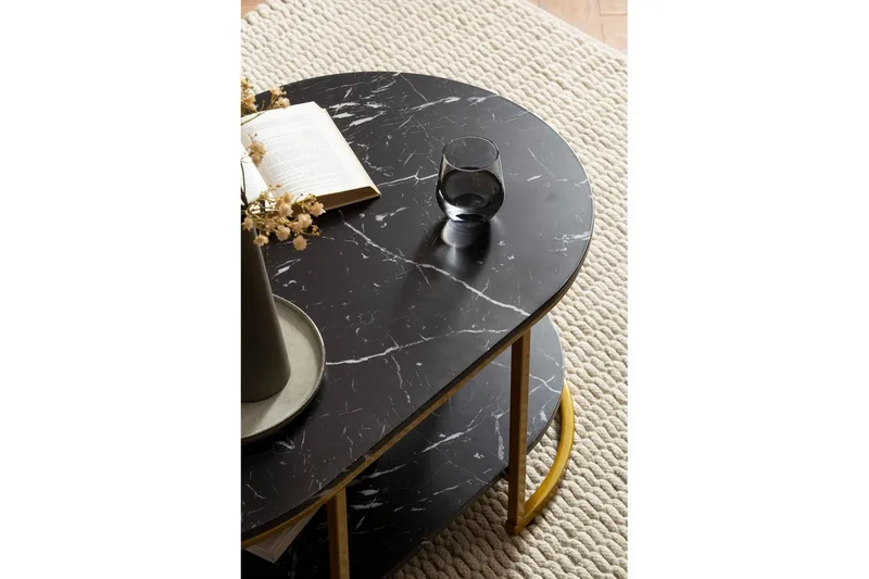 Sofabord Wohnling marmorutseende oval 100 cm med oppbevaringshylle, Bauhaus-stil Svart marmor - Svart marmor - Møbler - Bord - Marmorbord