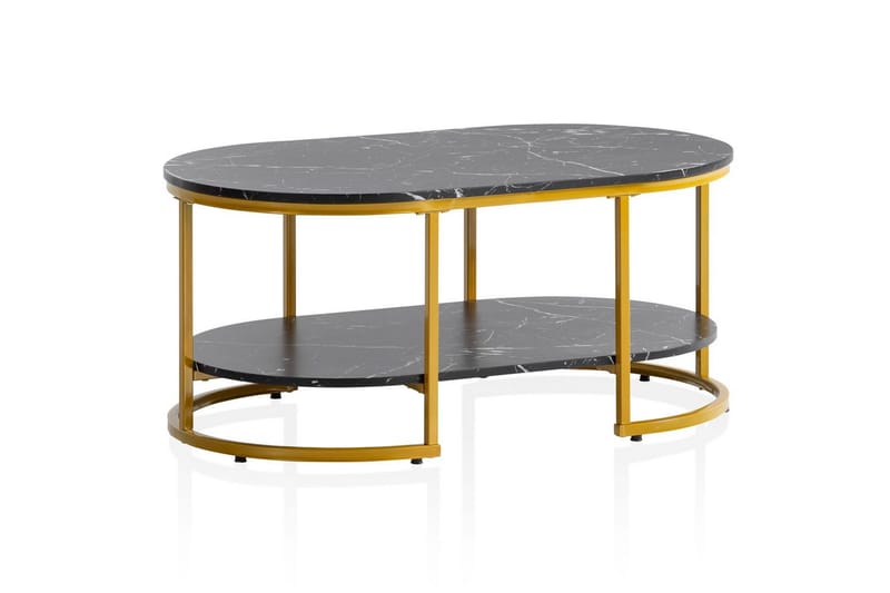 Sofabord Wohnling marmorutseende oval 100 cm med oppbevaringshylle, Bauhaus-stil Svart marmor - Svart marmor - Møbler - Bord - Sofabord & salongbord