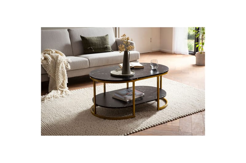 Sofabord Wohnling marmorutseende oval 100 cm med oppbevaringshylle, Bauhaus-stil Svart marmor - Svart marmor - Møbler - Bord - Sofabord & salongbord