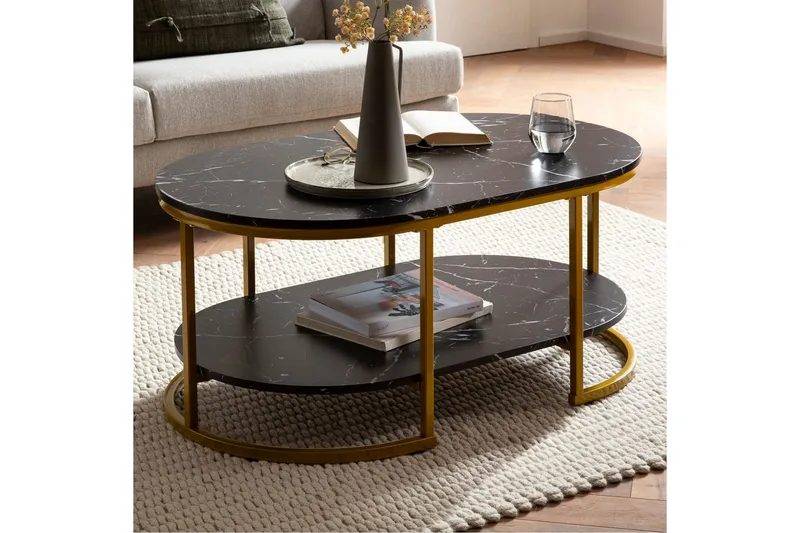 Sofabord Wohnling marmorutseende oval 100 cm med oppbevaringshylle, Bauhaus-stil Svart marmor - Svart marmor - Møbler - Bord - Marmorbord