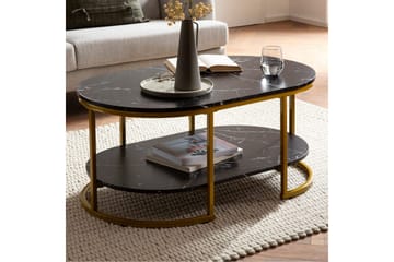 Sofabord Wohnling marmorutseende oval 100 cm med oppbevaringshylle, Bauhaus-stil Svart marmor - Svart marmor - Møbler - Bord - Sofabord & salongbord