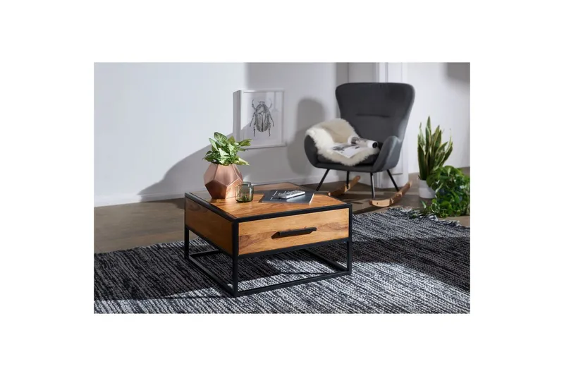 Sofabord Wohnling Massivt sheeshamtre 1 skuff pulverlakkert metallramme industriell - Møbler - Bord - Sofabord & salongbord
