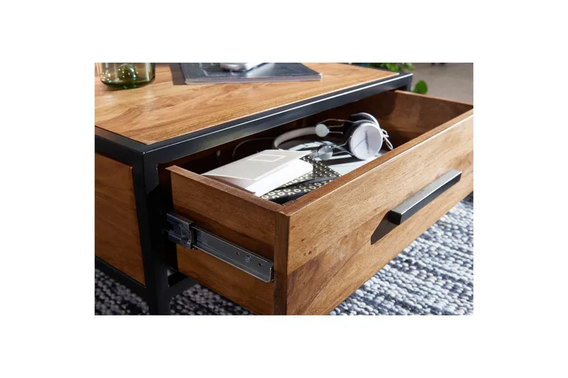 Sofabord Wohnling Massivt sheeshamtre 1 skuff pulverlakkert metallramme industriell - Møbler - Bord - Sofabord & salongbord