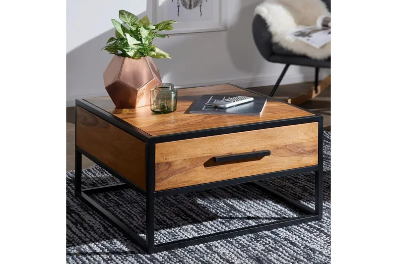 Sofabord Wohnling Massivt sheeshamtre 1 skuff pulverlakkert metallramme industriell - Møbler - Bord - Sofabord & salongbord