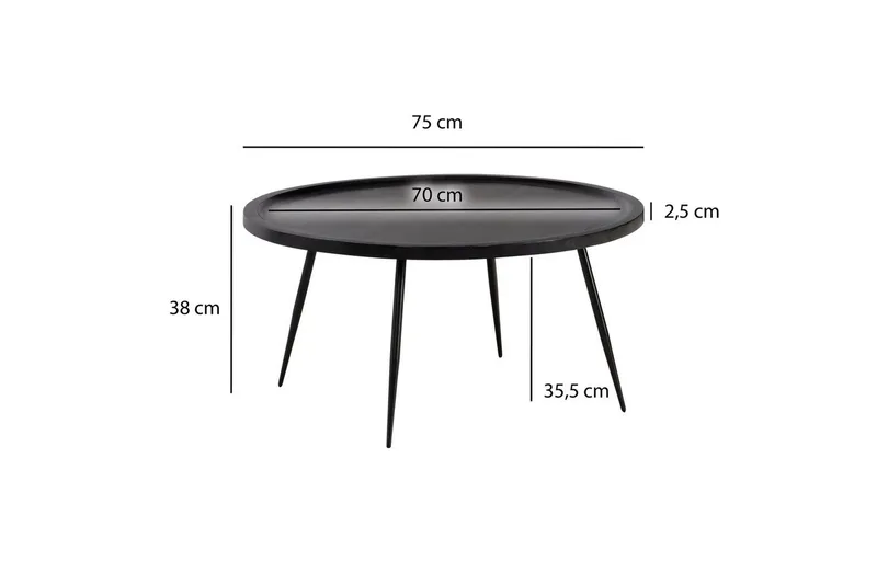 Sofabord Wohnling massivt tre, rund 75 cm med nåleben, landlig stil Svart - Svart - Møbler - Bord - Sofabord & salongbord