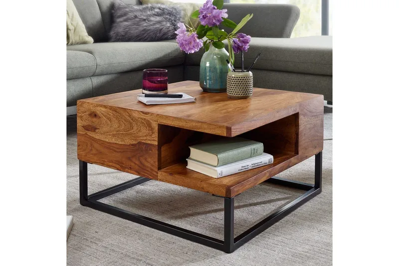 Sofabord Wohnling Massivt tre 60 cm firkantet med brett i landlig stil - Møbler - Bord - Sofabord & salongbord